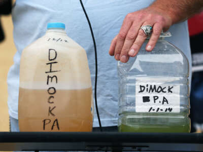 Two bottles labeled "DIMOCK, PA" and filled with brown and green liquid sit on a table