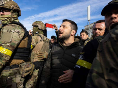 Ukrainian President Volodymyr Zelensky makes a surprise visit to Kherson on November 14, 2022, in Kherson, Ukraine.