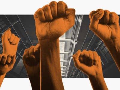 Fists are raised in the air in front of image of prison cells