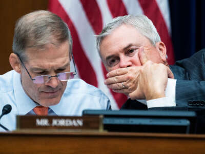 Rep. James Comer, right, and Rep. Jim Jordan attend a House Oversight and Reform Committee hearing in Rayburn Building on June 22, 2022.