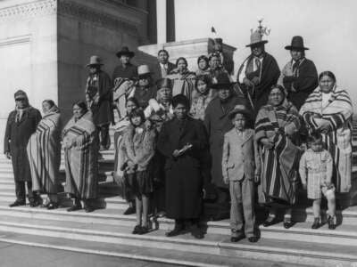 Members of the Osage Nation from Oklahoma on the steps of the Capitol in Washington D.C., during a visit to lobby senators over conditions among Native Americans in Oklahoma, and also regarding their oil leases, circa 1925.