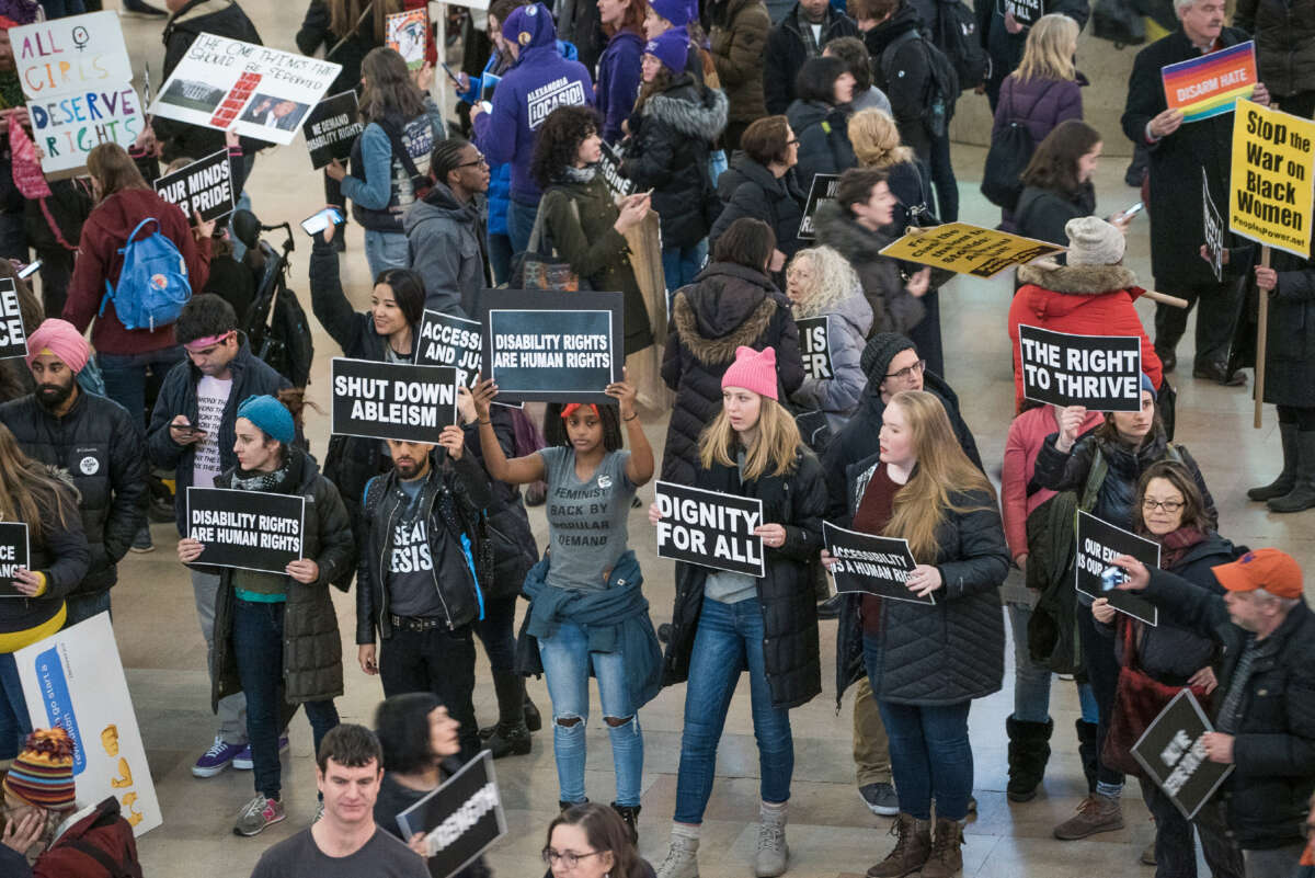 View of demonstrators during the Non-March For Disabled Women inside Grand Central Station in New York on January 19, 2019.