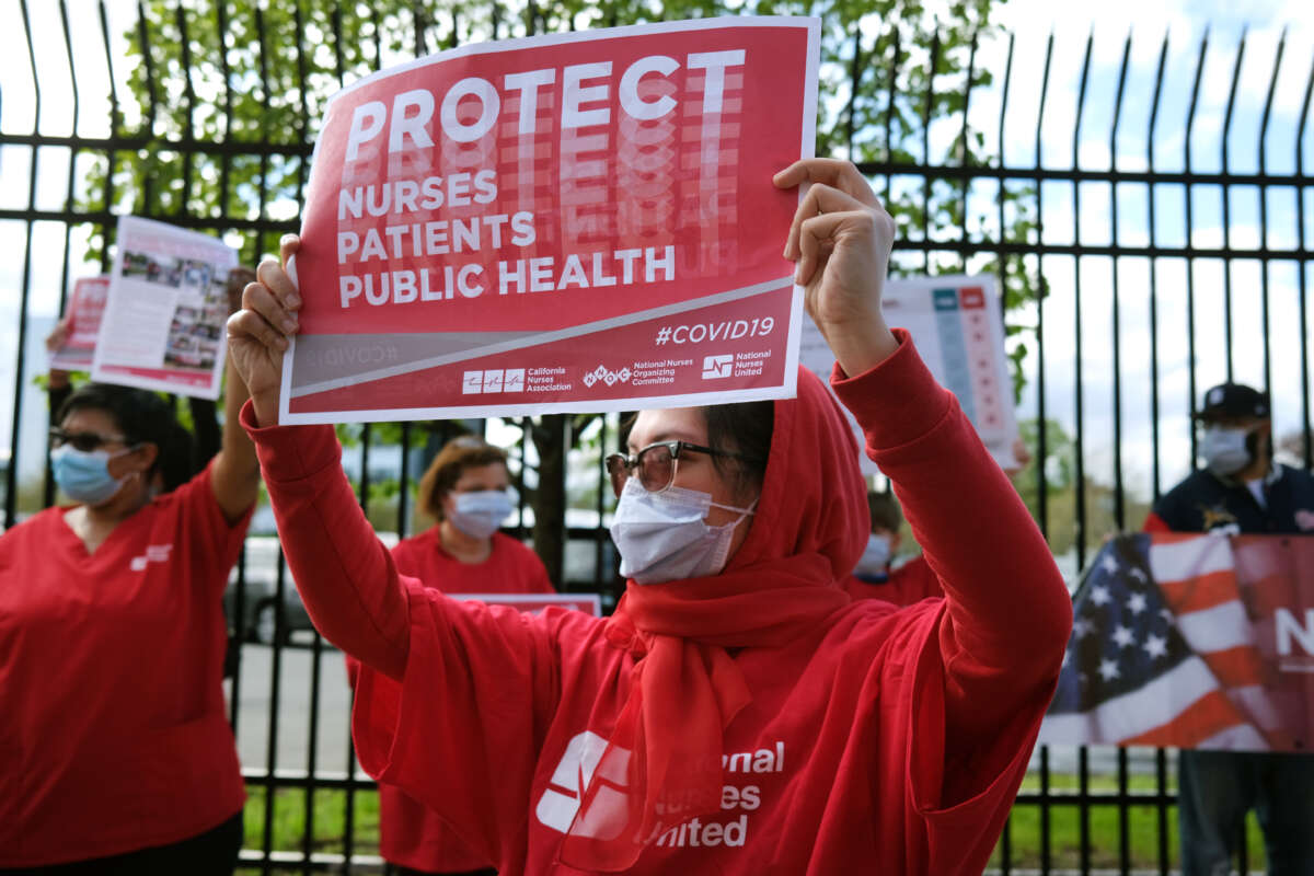 Bronx VA Medical Center nurses hold a demonstration and join other nationwide ‘May Day’ actions demanding increased COVID-19 protections for nurses and health care workers on May 1, 2020 in New York City.