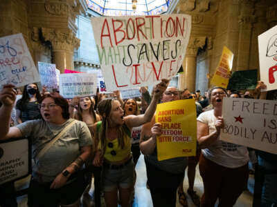 Abortion rights protesters shout into the Senate chamber in the Indiana State Capitol building on July 25, 2022 in Indianapolis, Indiana.