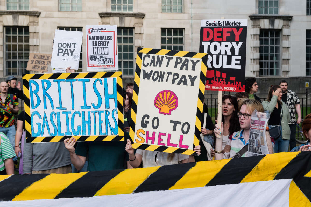 Demonstrators protest outside Downing Street against the government's handling of the cost of living crisis as one in three British households is predicted to face fuel poverty this winter amid surging energy prices in London, United Kingdom on September 5, 2022.