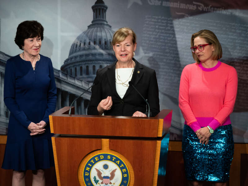 Senators Tammy Baldwin, Susan Collins and Kyrsten Sinema attend a press conference after the Senate passed the Respect for Marriage Act at the U.S. Capitol in Washington, D.C., on November 29, 2022.