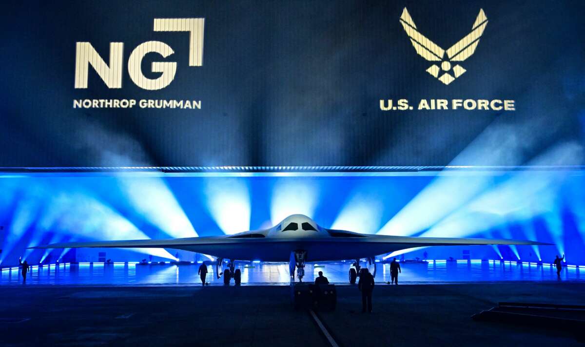 The B-21 Raider is unveiled during a ceremony at Northrop Grumman's Air Force Plant 42 in Palmdale, California on December 2, 2022.