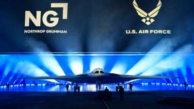 The B-21 Raider is unveiled during a ceremony at Northrop Grumman's Air Force Plant 42 in Palmdale, California on December 2, 2022.