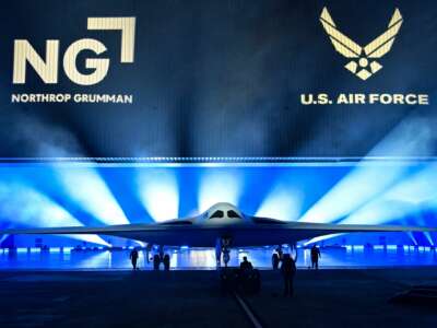 The B-21 Raider is unveiled during a ceremony at Northrop Grumman's Air Force Plant 42 in Palmdale, California on December 2, 2022.