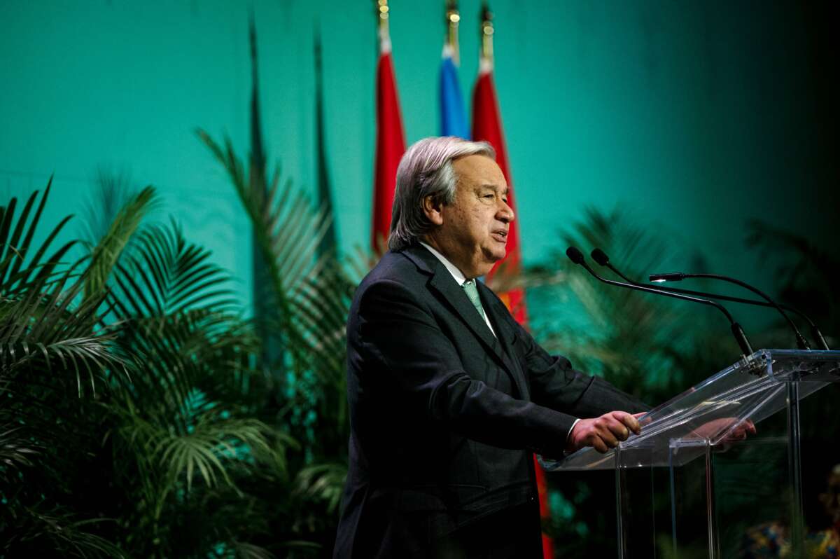 United Nations Secretary General António Guterres speaks during the opening ceremony of the 15th Conference of the Parties to the Convention on Biological Diversity at Plenary Hall of the Palais des congrès de Montréal in Montreal, Canada, on December 6, 2022.