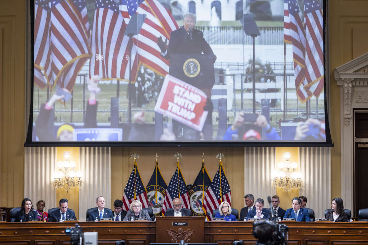 An image of former President Donald Trump is displayed as members of the House Select Committee to Investigate the January 6 Attack on the U.S. Capitol hold its last public meeting on December 19, 2022, in Washington, D.C.