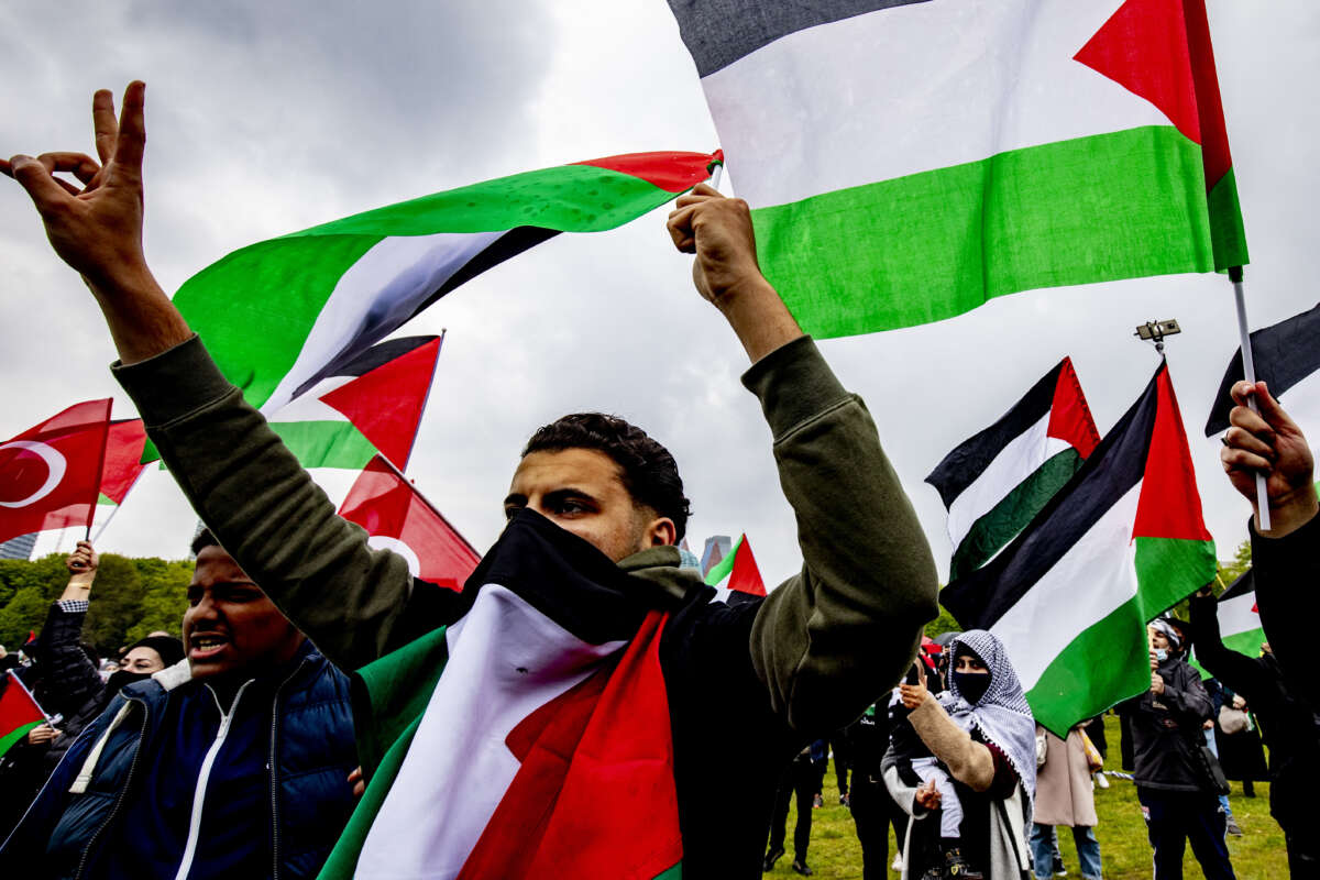 Protesters are seen during a pro-Palestine protest on May 15, 2021 in The Hague, Netherlands.