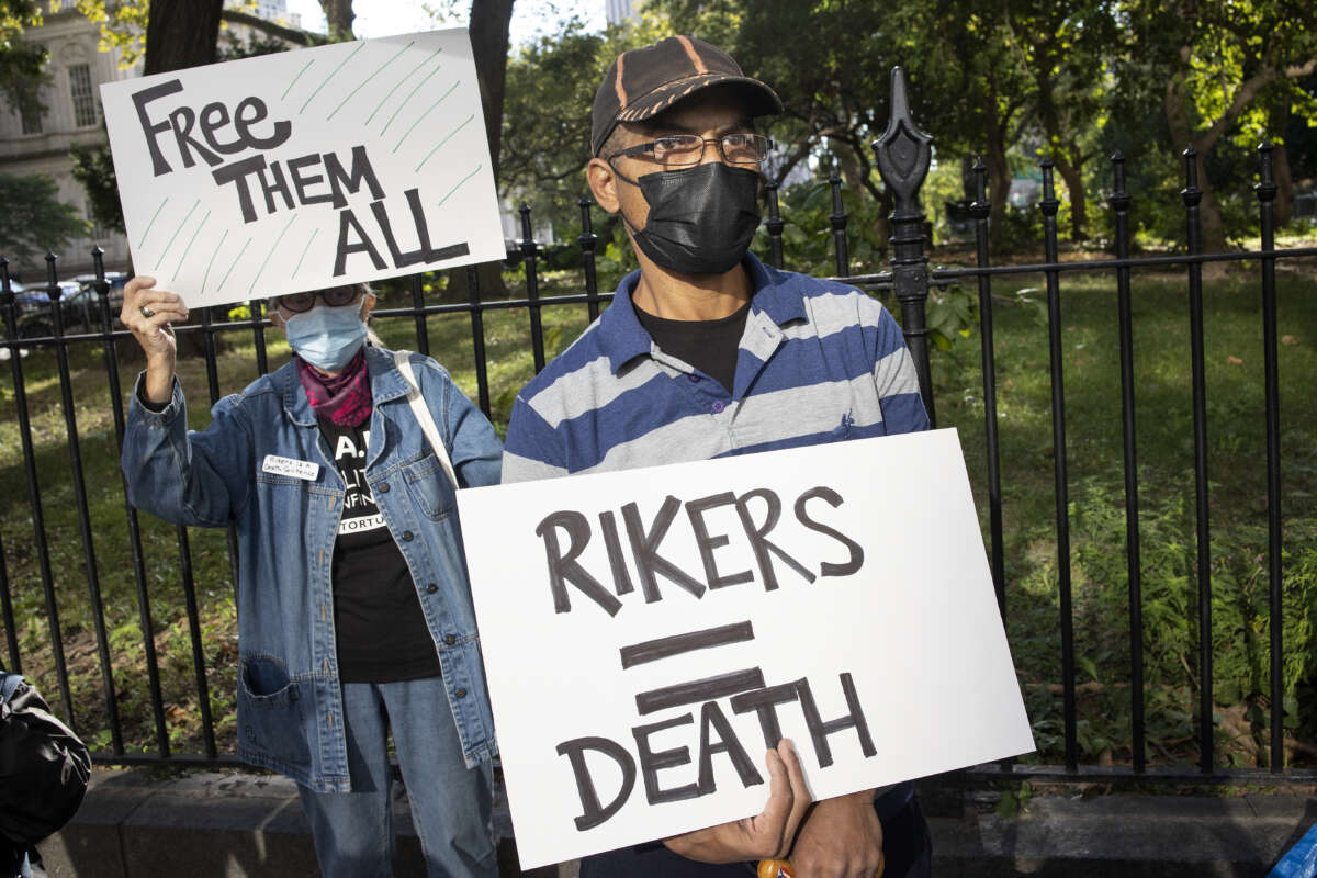 People formerly incarcerated at Rikers Island, family members of people who have died at the jail and advocates for closing Rikers Island protest the deaths of 12 prisoners in 2021 on October 1, 2021 outside of City Hall in downtown Manhattan, New York.