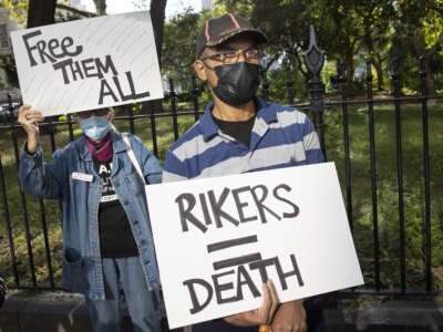 People formerly incarcerated at Rikers Island, family members of people who have died at the jail and advocates for closing Rikers Island protest the deaths of 12 prisoners in 2021 on October 1, 2021 outside of City Hall in downtown Manhattan, New York.