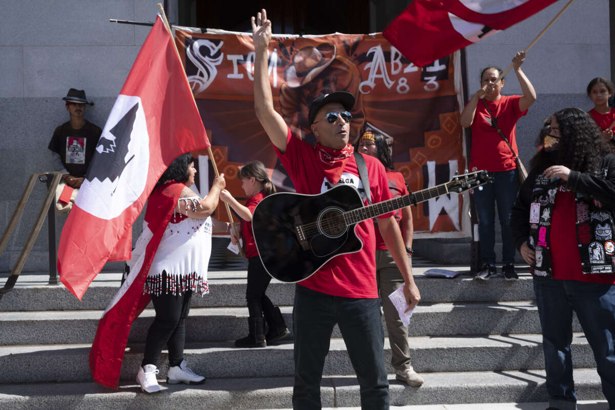 Tom Morello of Rage Against the Machine participates in the United Farm Workers protest at the State Capitol in Sacramento, California, on September 21, 2022.