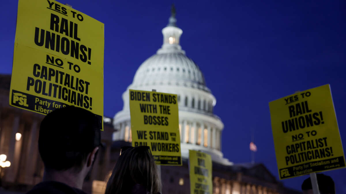 Activists in support of unionized rail workers protest outside the U.S. Capitol Building on November 29, 2022 in Washington, DC.
