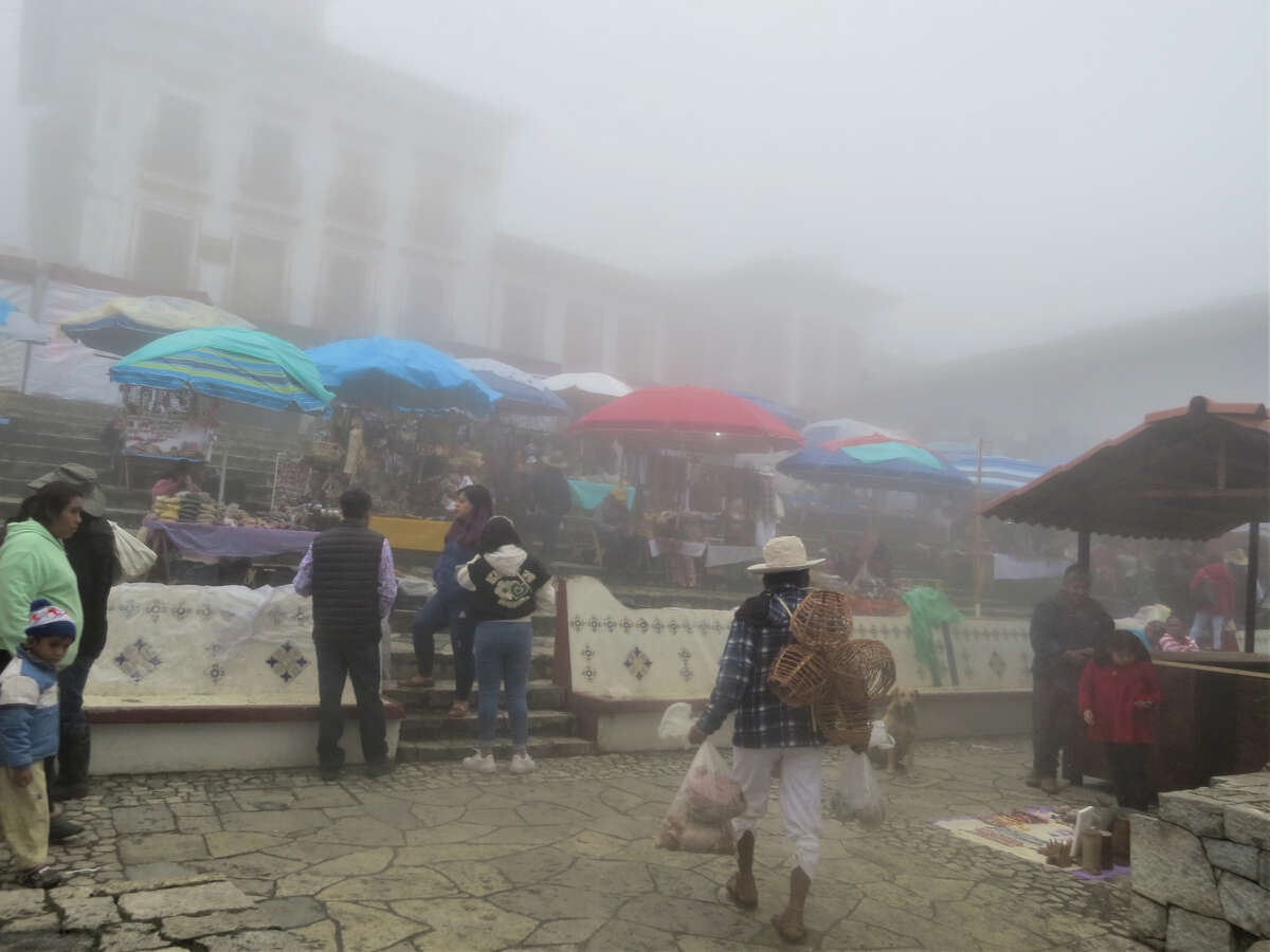 A view of a misty street market