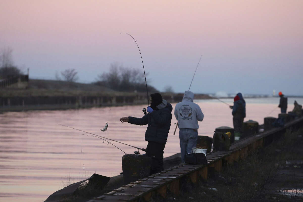 People fish at dusk