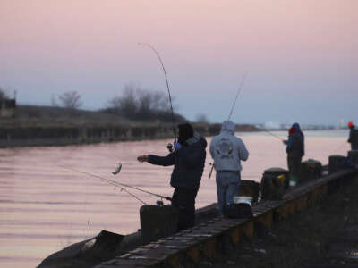 People fish at dusk