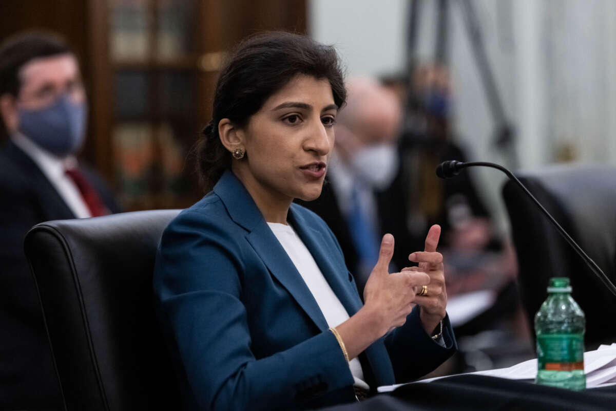 FTC Commissioner nominee Lina M. Khan testifies during a Senate Commerce, Science, and Transportation Committee nomination hearing on April 21, 2021, in Washington, D.C.