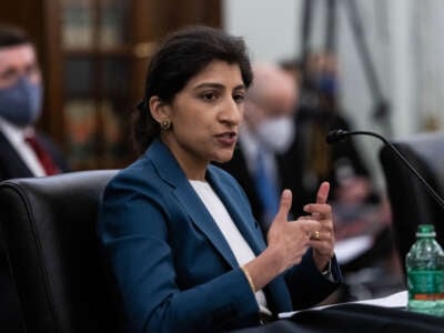 FTC Commissioner nominee Lina M. Khan testifies during a Senate Commerce, Science, and Transportation Committee nomination hearing on April 21, 2021, in Washington, D.C.