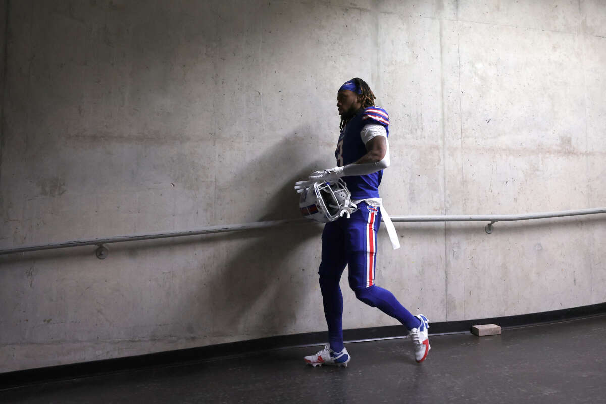 Damar Hamlin of the Buffalo Bills walks through a tunnel during pregame against the Cleveland Browns at Ford Field on November 20, 2022, in Detroit, Michigan.