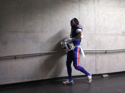 Damar Hamlin of the Buffalo Bills walks through a tunnel during pregame against the Cleveland Browns at Ford Field on November 20, 2022, in Detroit, Michigan.