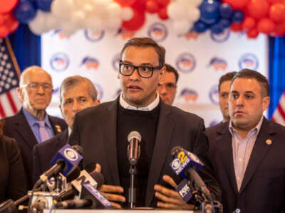 Congressman-elect George Santos joins the newly elected GOP members of the Senate and Congress during a press conference on November. 9, 2022, in Baldwin, New York.