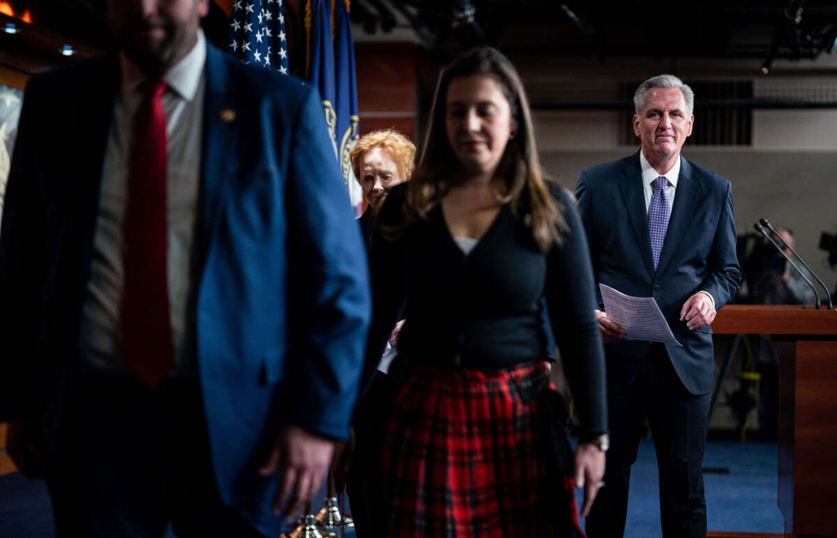 House Minority Leader Kevin McCarthy and members of the House GOP leadership depart from a news conference on Capitol Hill on December 14, 2022, in Washington, D.C.
