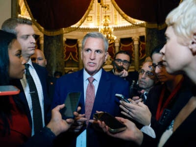 House Minority Leader Kevin McCarthy speaks to reporters following a meeting with House Republicans at the U.S. Capitol Building on January 3, 2023, in Washington, D.C.
