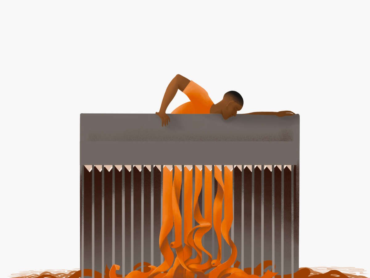 An illustration of a prisoner being fed into a shredder