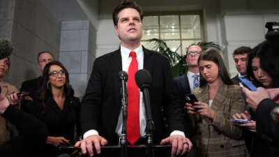 Rep.-elect Matt Gaetz speaks to reporters following a meeting with House Republicans at the U.S. Capitol Building on January 3, 2023, in Washington, D.C.
