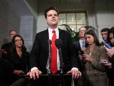 Rep.-elect Matt Gaetz speaks to reporters following a meeting with House Republicans at the U.S. Capitol Building on January 3, 2023, in Washington, D.C.