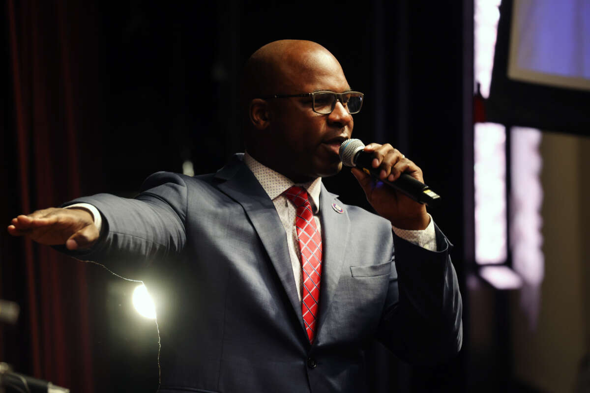 Rep. Jamaal Bowman speaks at the National Action Network’s three-day annual national convention on April 7, 2022, in New York City.