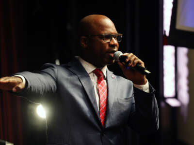 Rep. Jamaal Bowman speaks at the National Action Network’s three-day annual national convention on April 7, 2022, in New York City.