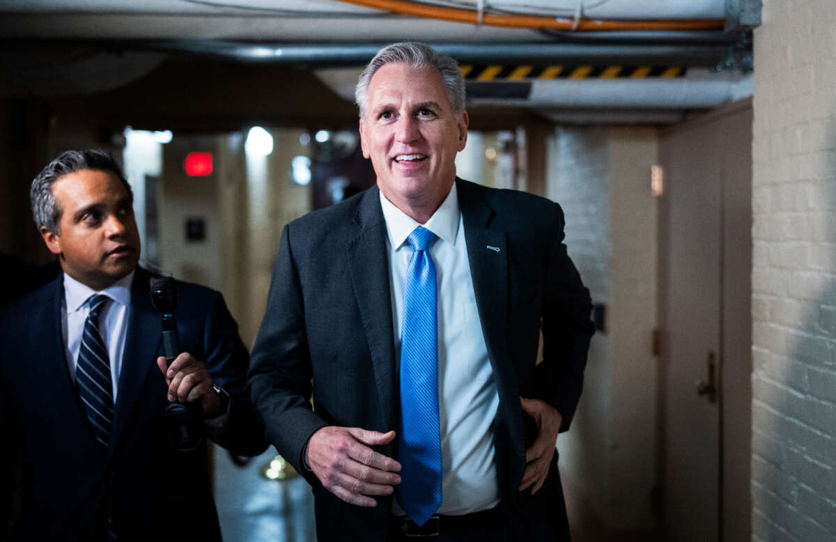 Speaker of the House Kevin McCarthy is seen outside a House Republican Steering Committee meeting to select committee chairs in the U.S. Capitol on January 9, 2023.