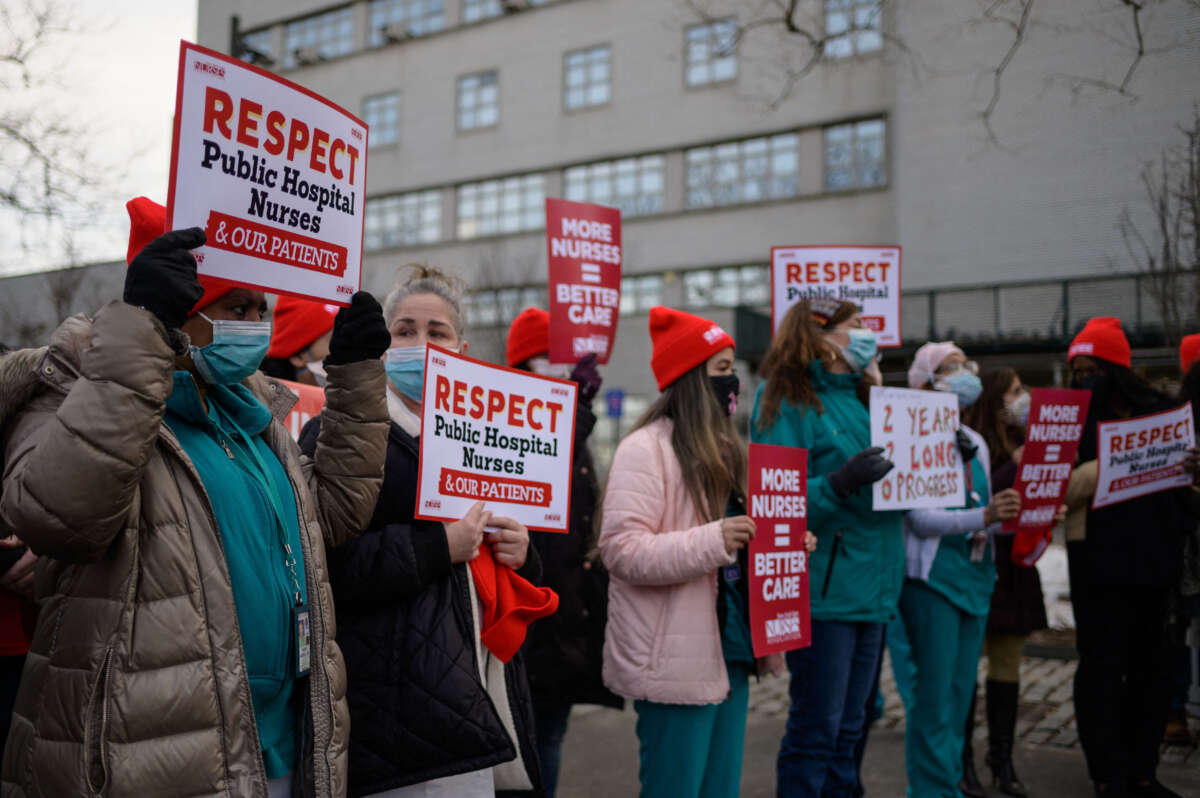 Nurses of the New York State Nurses Association attend a press conference on January 13, 2022, in New York City.