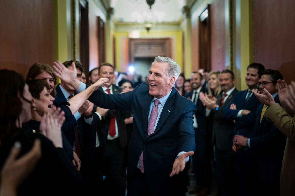 Newly-elected Speaker of the House Kevin McCarthy celebrates in his office after he was elected in 15 rounds of votes in a meeting of the 118th Congress on January 7, 2023, at the U.S. Capitol in Washington D.C.