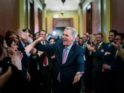Newly-elected Speaker of the House Kevin McCarthy celebrates in his office after he was elected in 15 rounds of votes in a meeting of the 118th Congress on January 7, 2023, at the U.S. Capitol in Washington D.C.