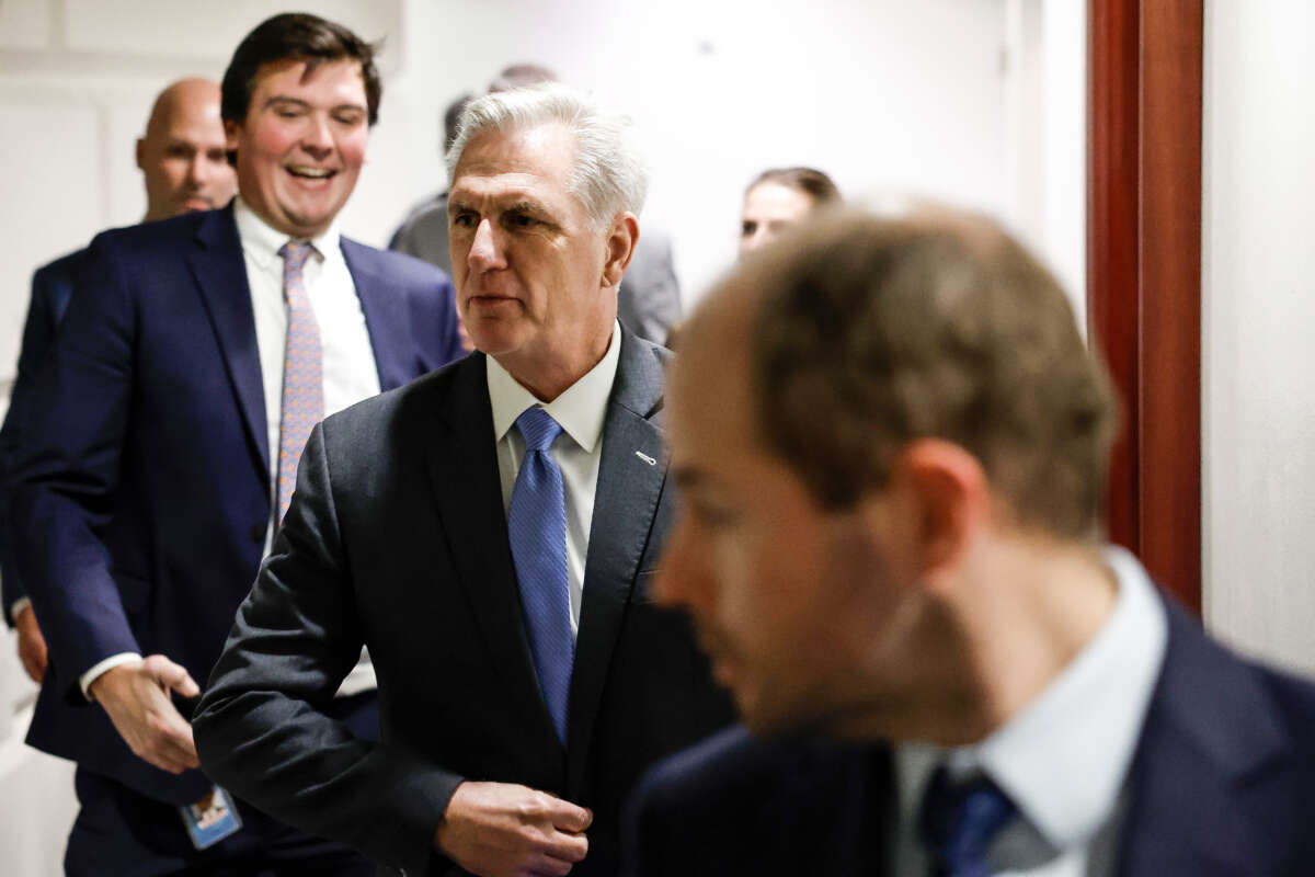 Speaker of the House Kevin McCarthy departs from a House Republican Steering Committee meeting at the U.S. Capitol Building on January 9, 2023, in Washington, D.C.