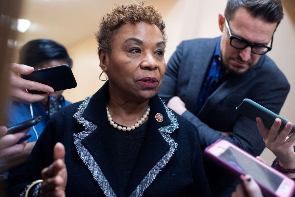 Rep. Barbara Lee speaks with reporters after a meeting of the House Democratic Caucus in the Capitol on January 8, 2020.