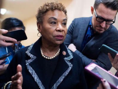 Rep. Barbara Lee speaks with reporters after a meeting of the House Democratic Caucus in the Capitol on January 8, 2020.