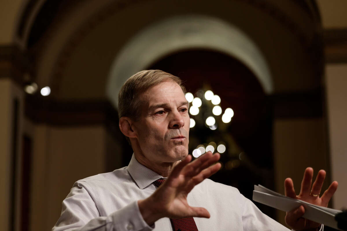 Rep. Jim Jordan speaks during an on-camera interview near the House Chambers during a series of votes in the U.S. Capitol Building on January 9, 2023, in Washington, D.C.