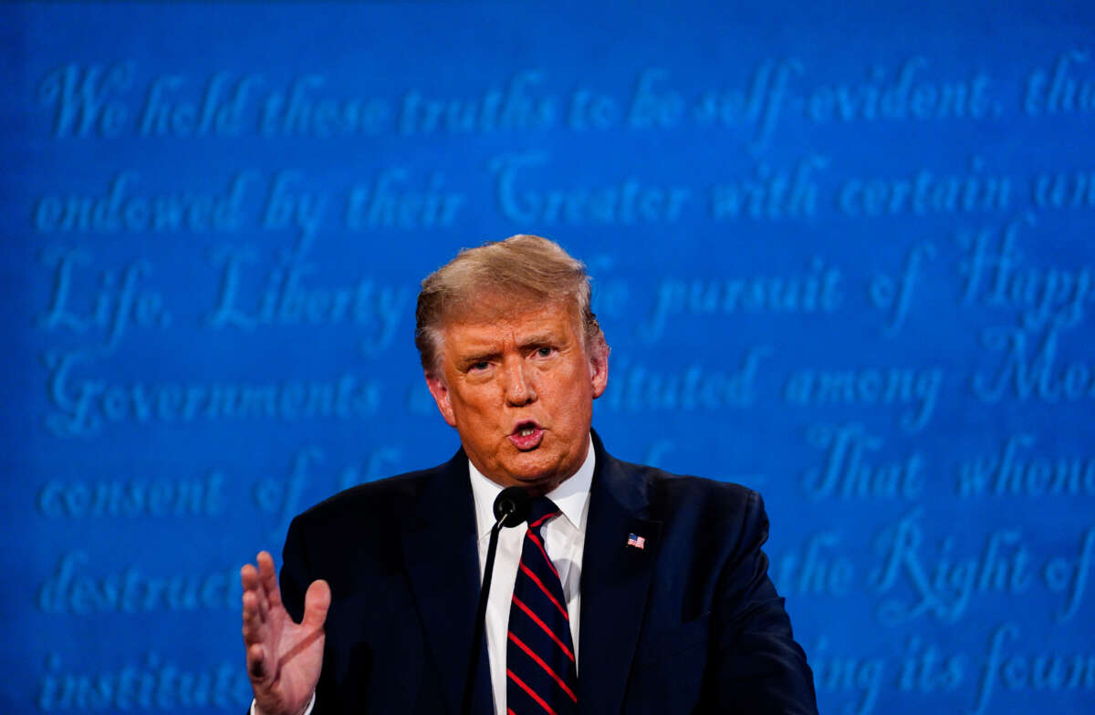 Then-President Donald Trump speaks during the first presidential debate with former Vice President Joe Biden at Case Western Reserve University in Cleveland, Ohio, on September 29, 2020.