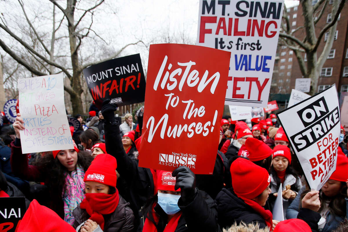 Nurses demonstrate during their third day on strike, at Mount Sinai Hospital on January 11, 2023, in New York City.