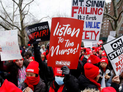 Nurses demonstrate during their third day on strike, at Mount Sinai Hospital on January 11, 2023, in New York City.