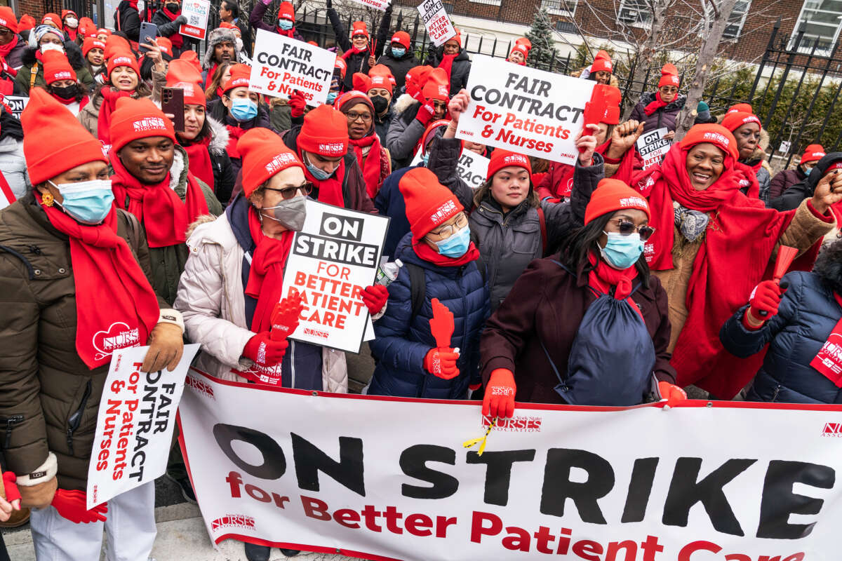 Nurses at Montefiore Medical Center in New York picket on the second day of their strike on January 9, 2023.