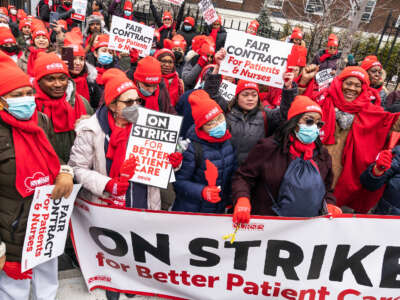 Nurses at Montefiore Medical Center in New York picket on the second day of their strike on January 9, 2023.