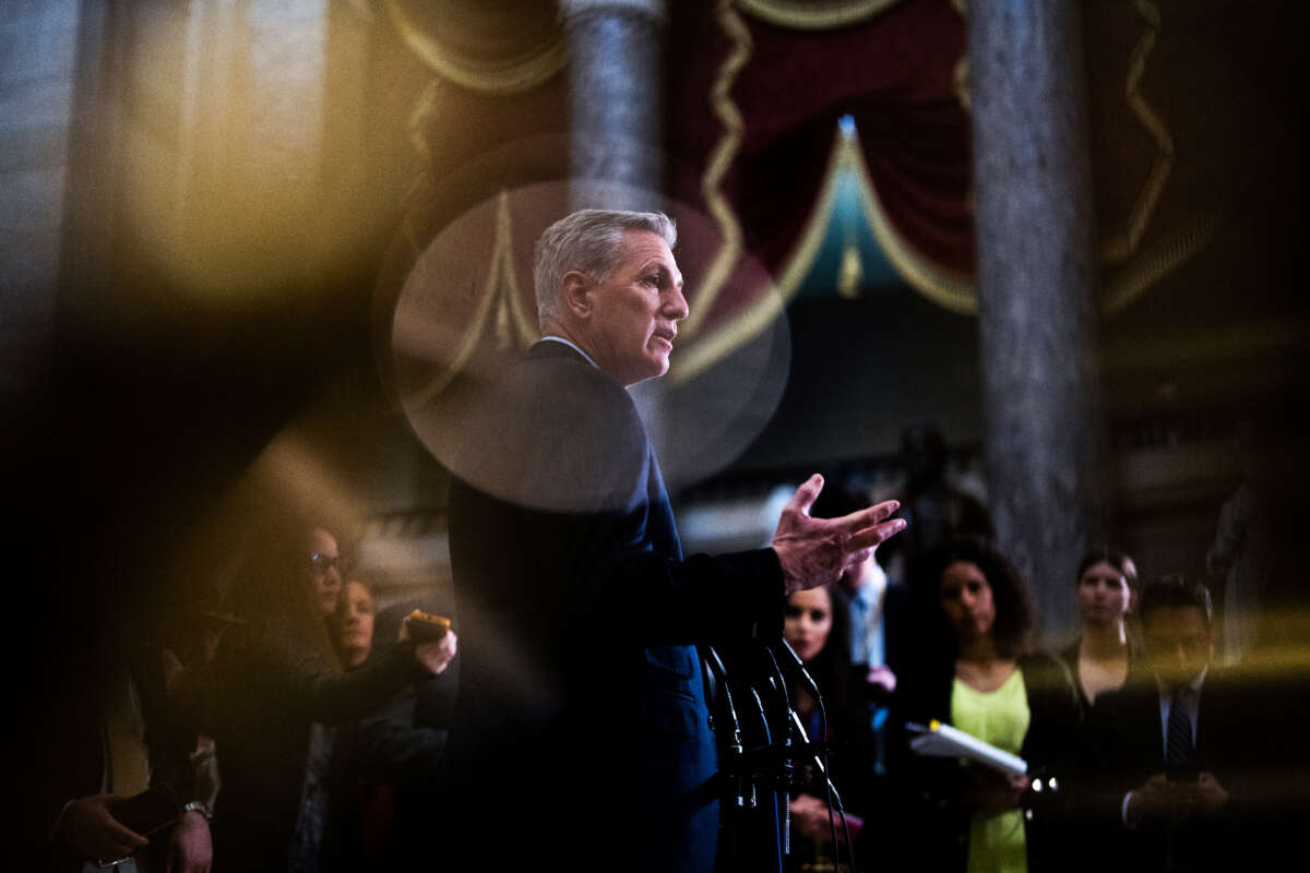 Speaker of the House Kevin McCarthy conducts a news conference in the U.S. Capitols Statuary Hall on January 12, 2023.