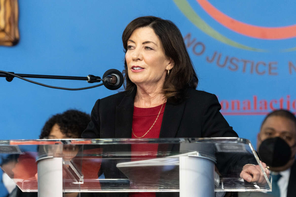 New York Gov. Kathy Hochul speaks during Martin Luther King Jr. Day at National Action Network House of Justice Headquarters on January 16, 2023.